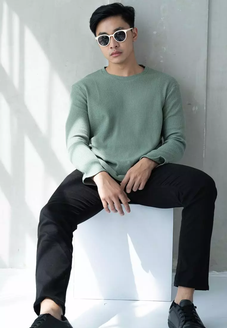 Kale Raffle Green Atasan Kaos Unisex Atasan Kaos Pria Atasan Hijau Kaos Kaos Polos Tekstur Lengan Panjang