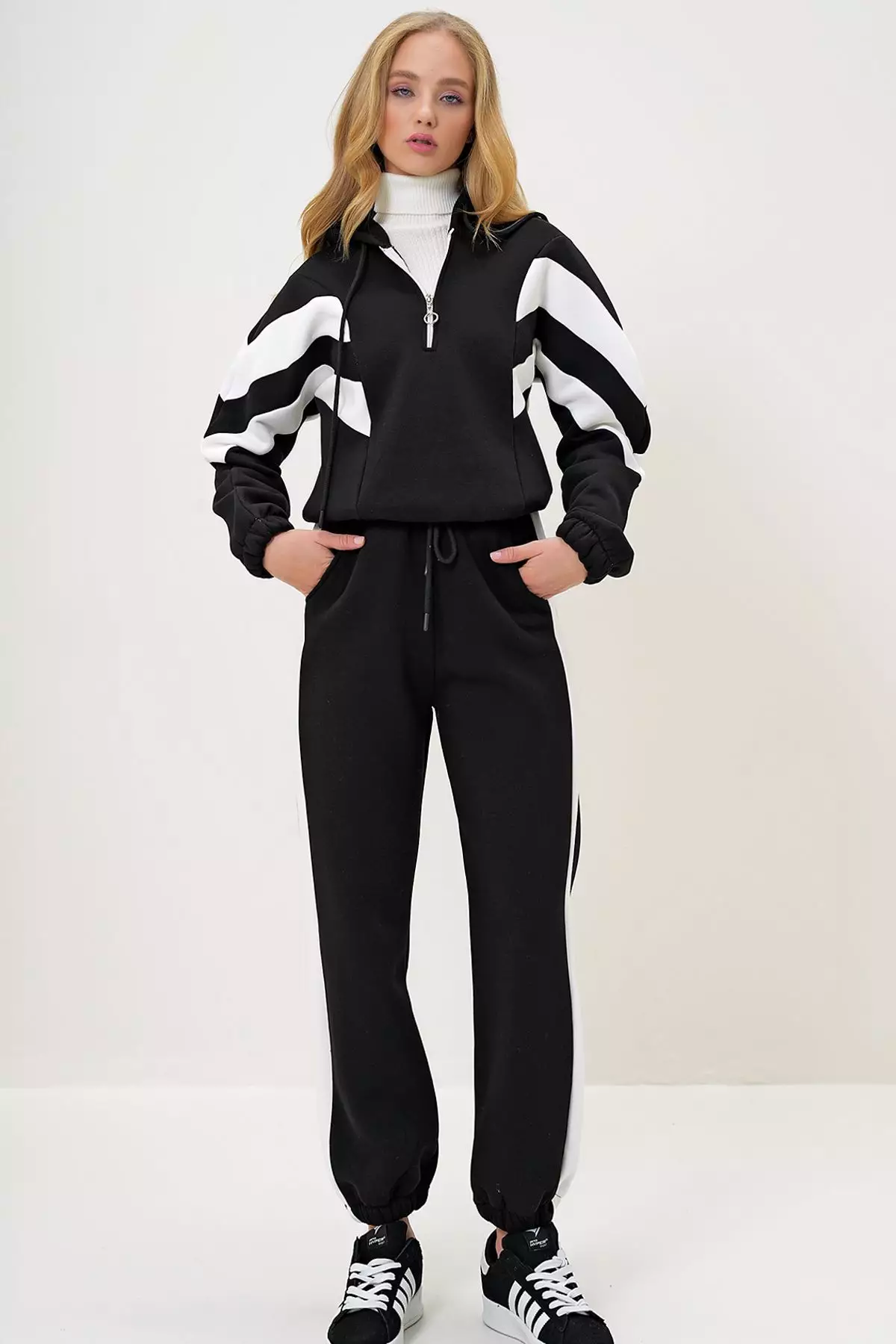 Women's Black Hooded Half Zippered Sweatshirt and Elastic Leg Tracksuit Set