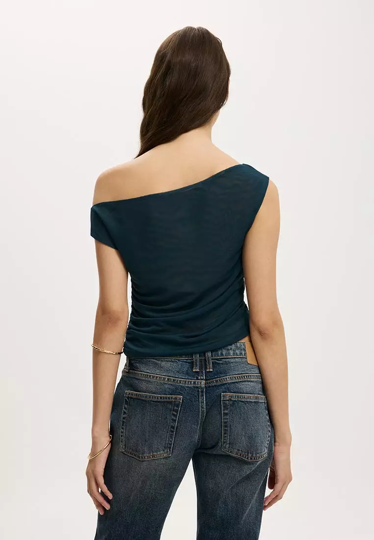 Gathered Mesh Off Shoulder Top