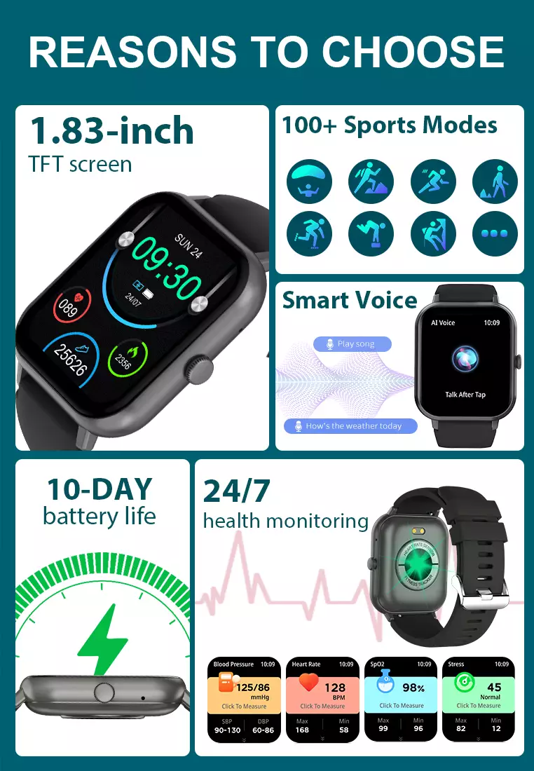 SmartWatch ZL54C Jam Pintar Full Touch Screen 1.83inci Olahraga BT Call Jam Tangan Wanita/Pria Black