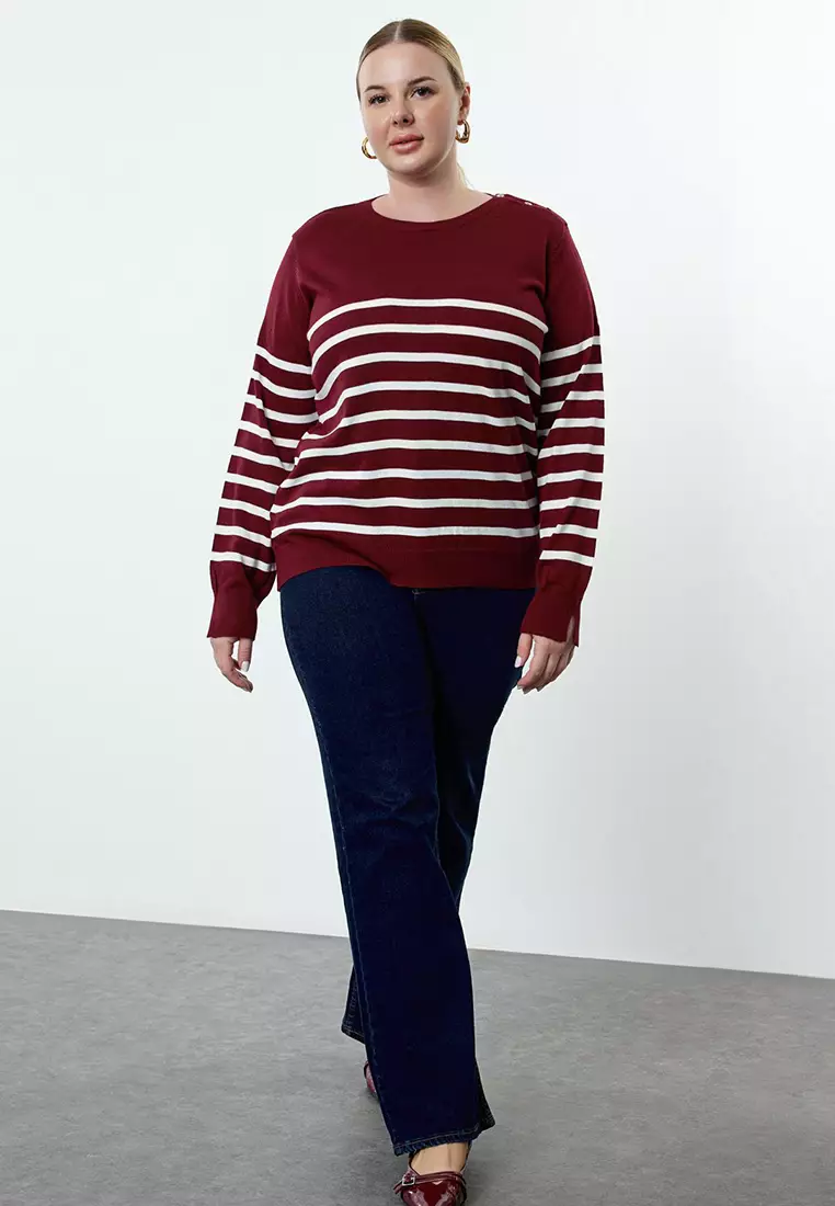 Burgundy Striped Crew Neck Knitwear Sweater Tbbaw23An00119