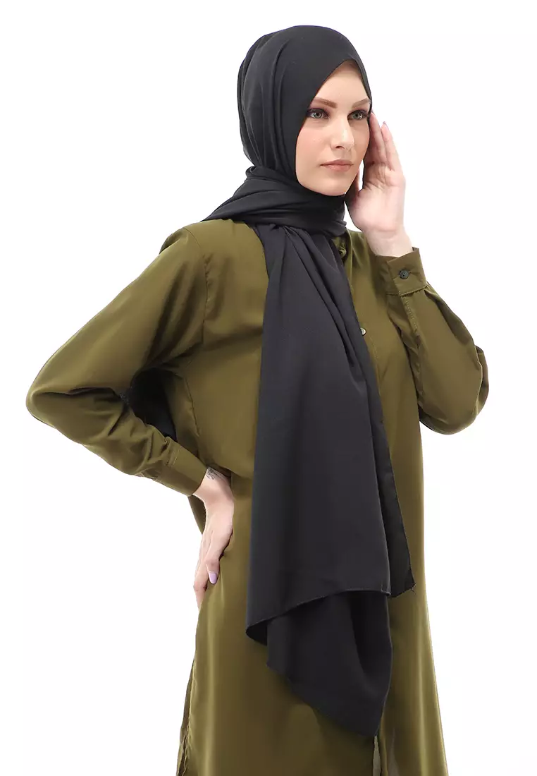 Cindy Hijab Pashmina Panjang Wanita Motif Polos Relaxed Fit - Hitam