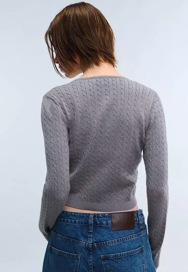 Ribbed Button Front Knit Cardigan - Grey