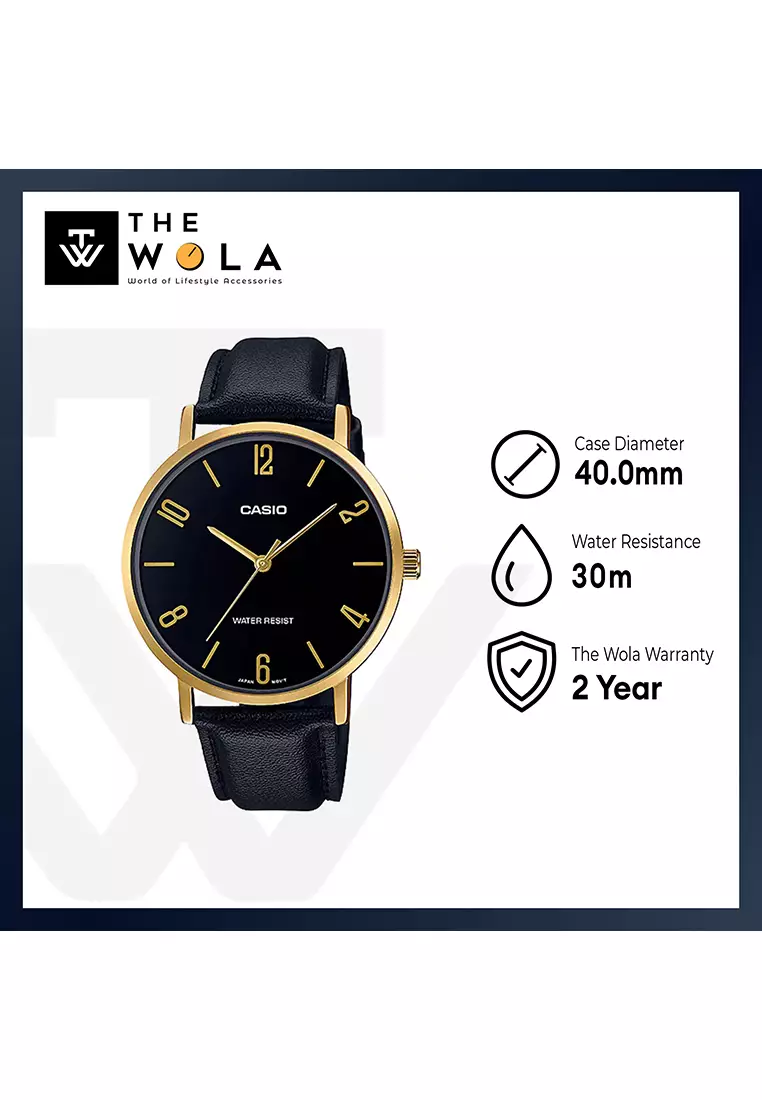 Men Analog Watch MTP-VT01GL-1B2 Black Leather Strap