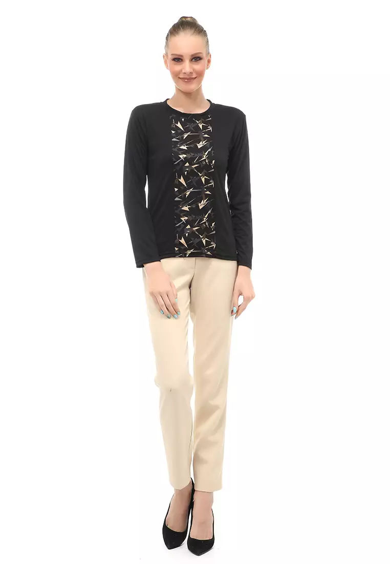 Kaos Atasan Wanita Long Sleeves Detail Motif Abstrak Slip On Style - Hitam