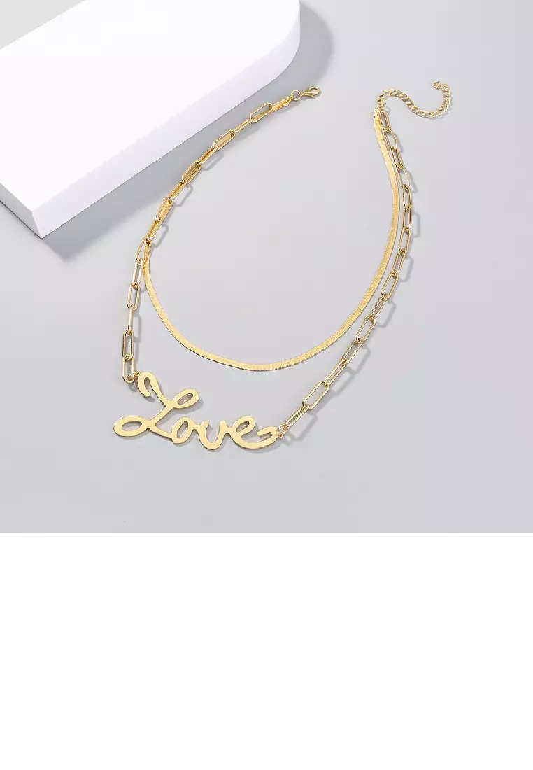 Simple Temperament Plated Gold LOVE Alphabet Pendant with Double Necklace
