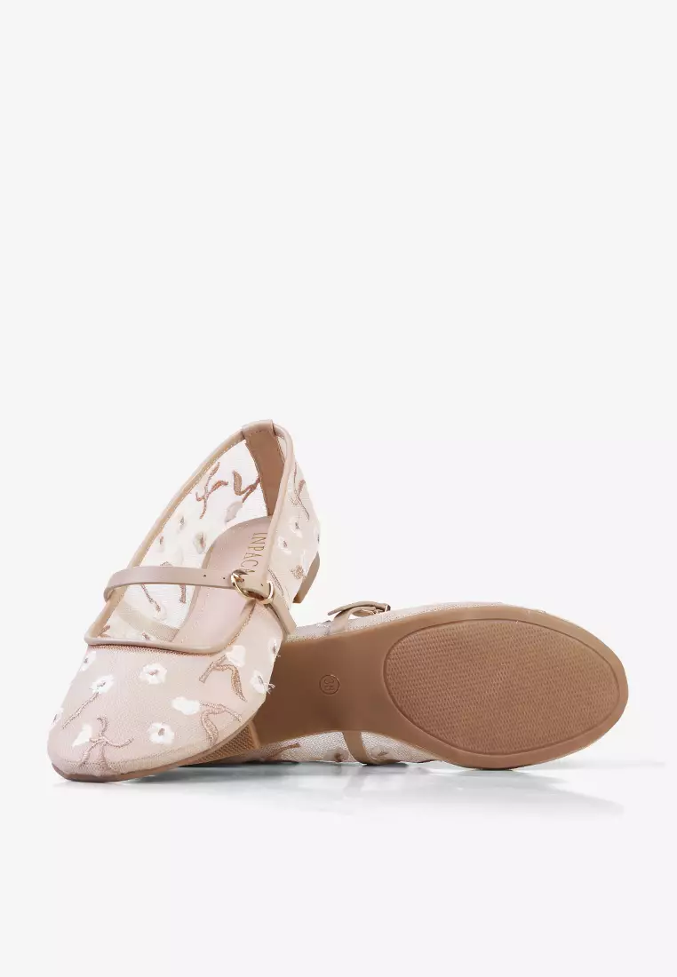 Eloise Mary Jane Mesh Flat Shoes Embroidery Flower Ballerina Ivory