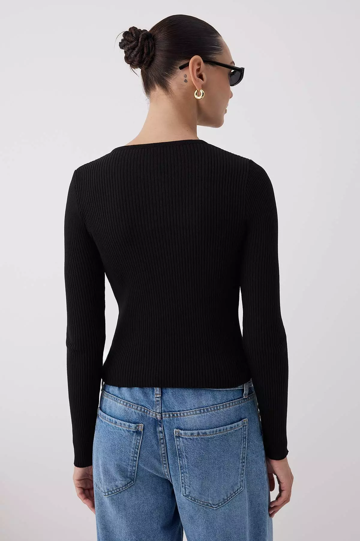 Black Mercerized Look Ribbed Knitwear Cardigan