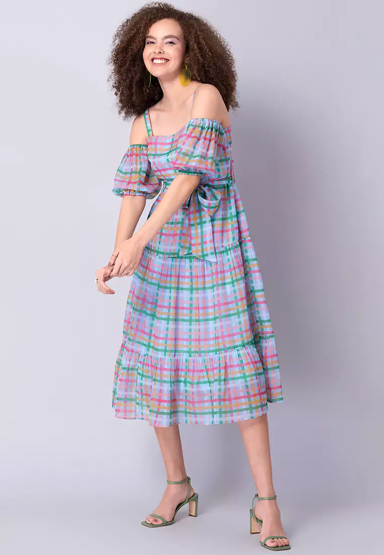 Multicolored Checked Cold Shoulder Midi Dress