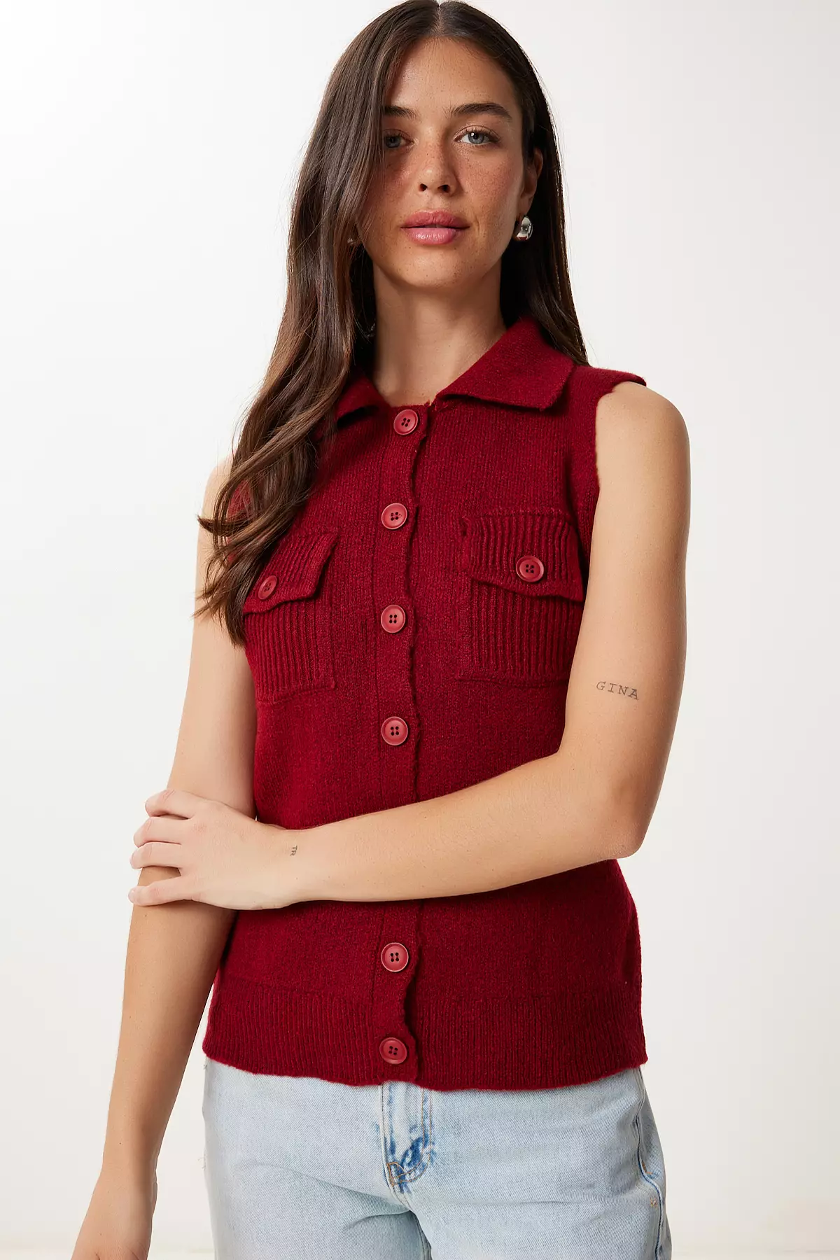 Women's Burgundy Polo Neck Knitwear Vest Yy00244