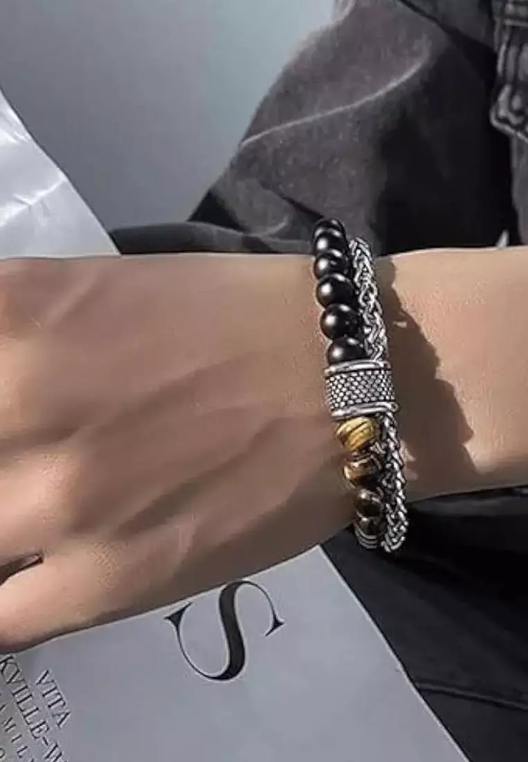 Aksesoris Gelang Pria Tiger eye Beaded Natural Stone Stainless Steel Chain Bracelet Black , Brown & Silver
