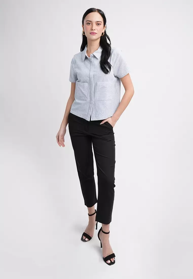 Emma Short Sleeve Striped Collared Button-Up Top Blouse
