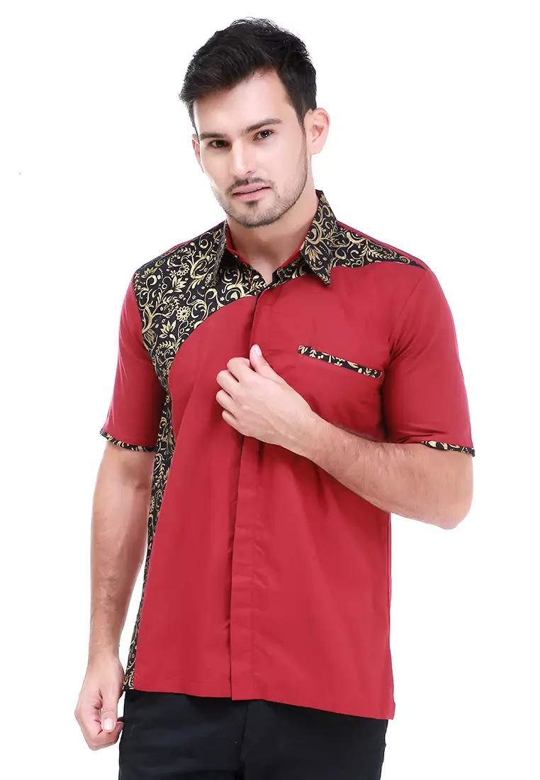 Dwan Kemeja Batik Pria Right Side Atasan Formal Shortsleeve Shirt Material Cotton ORIGINAL - Maroon