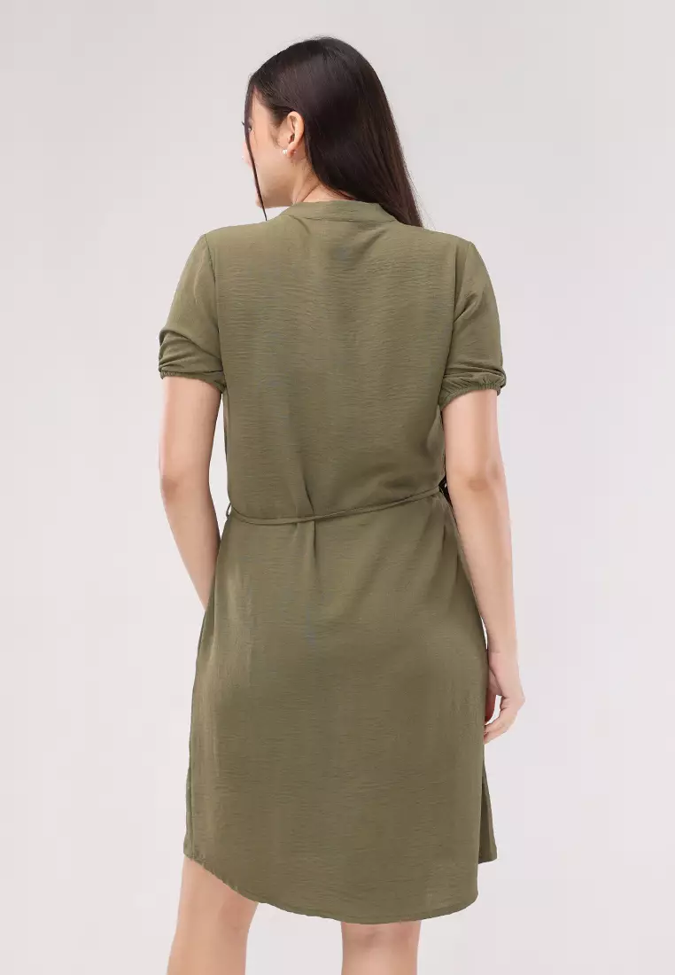 Wrinkled Linen Woven Short Sleeves Dress