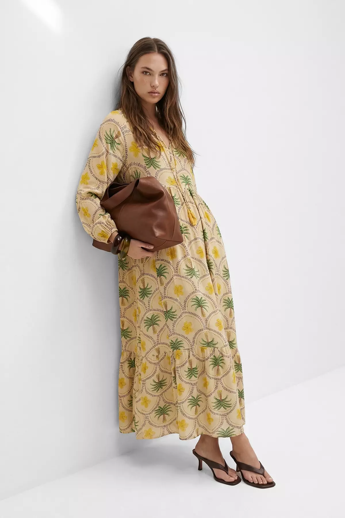 Yellow Viscose Unlined Tropical Patterned Hijab Dress Tctss26Eb00158