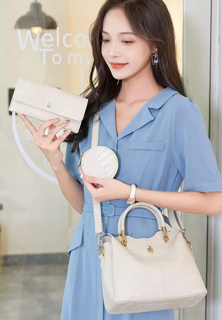 Women's 3-in-1 Handbag with Pouch & Purse (3-in-1 Tas Wanita & Dompet Wanita) - Putih