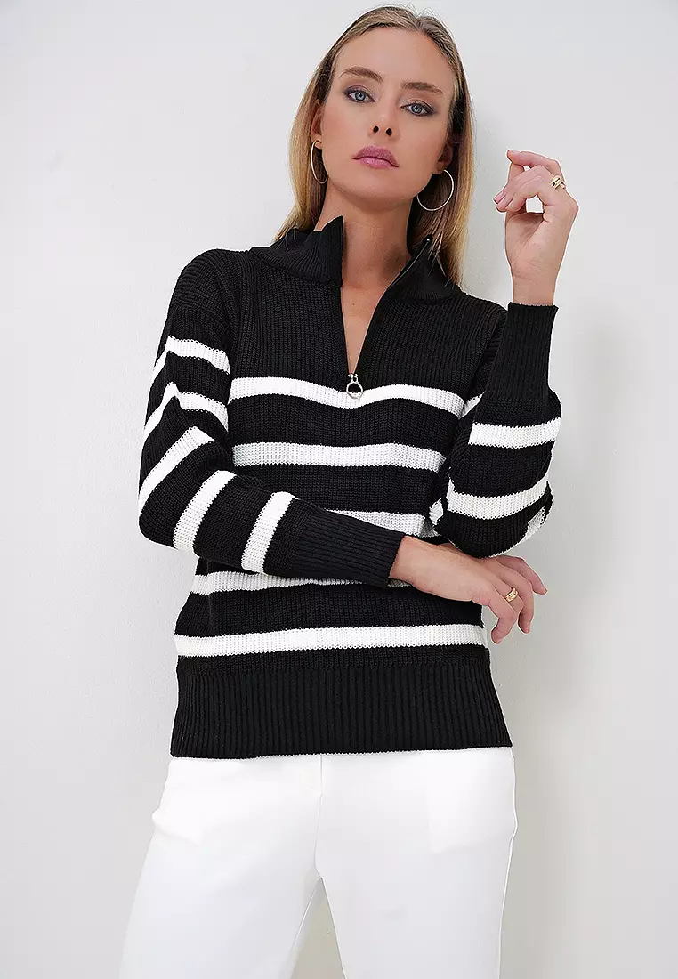 Stand Collar Half Zipper Striped Sweater