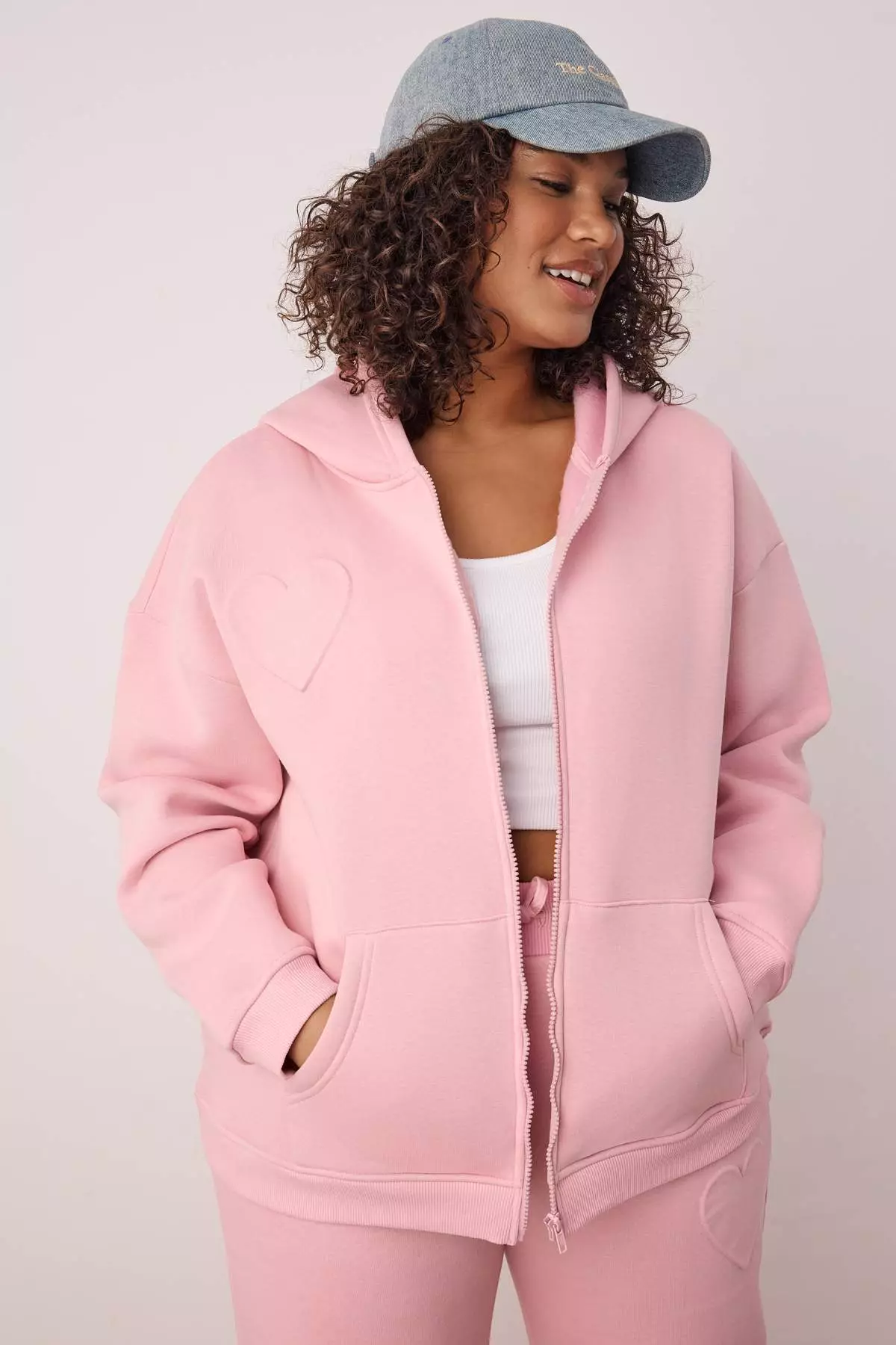 Pink Hooded Embossed Printed Sharodnlu Knitted Large Size Tracksuit Set Tbbaw26Ts00009