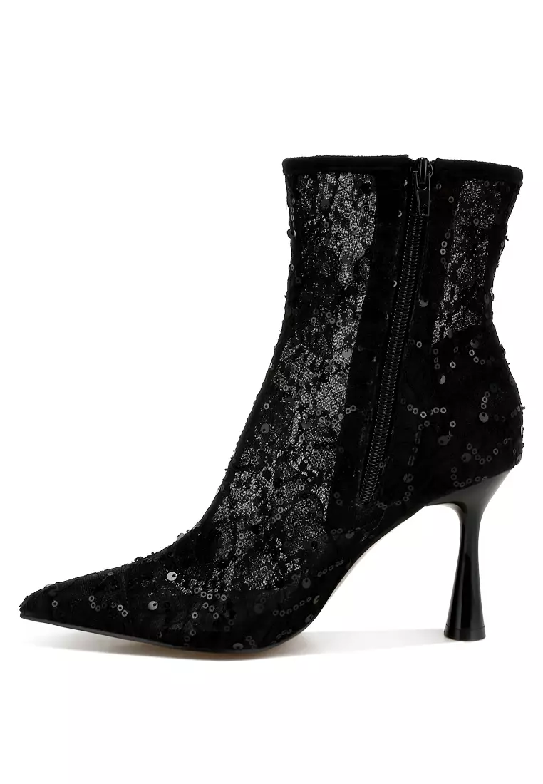 Sequin Lace Boots in Black