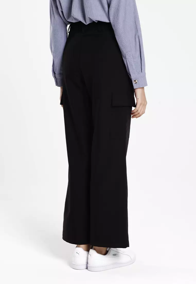 Forest Ladies Pleated Cargo Long Pants Women Wide Leg Pants | Seluar Panjang Perempuan - 810550-01Black