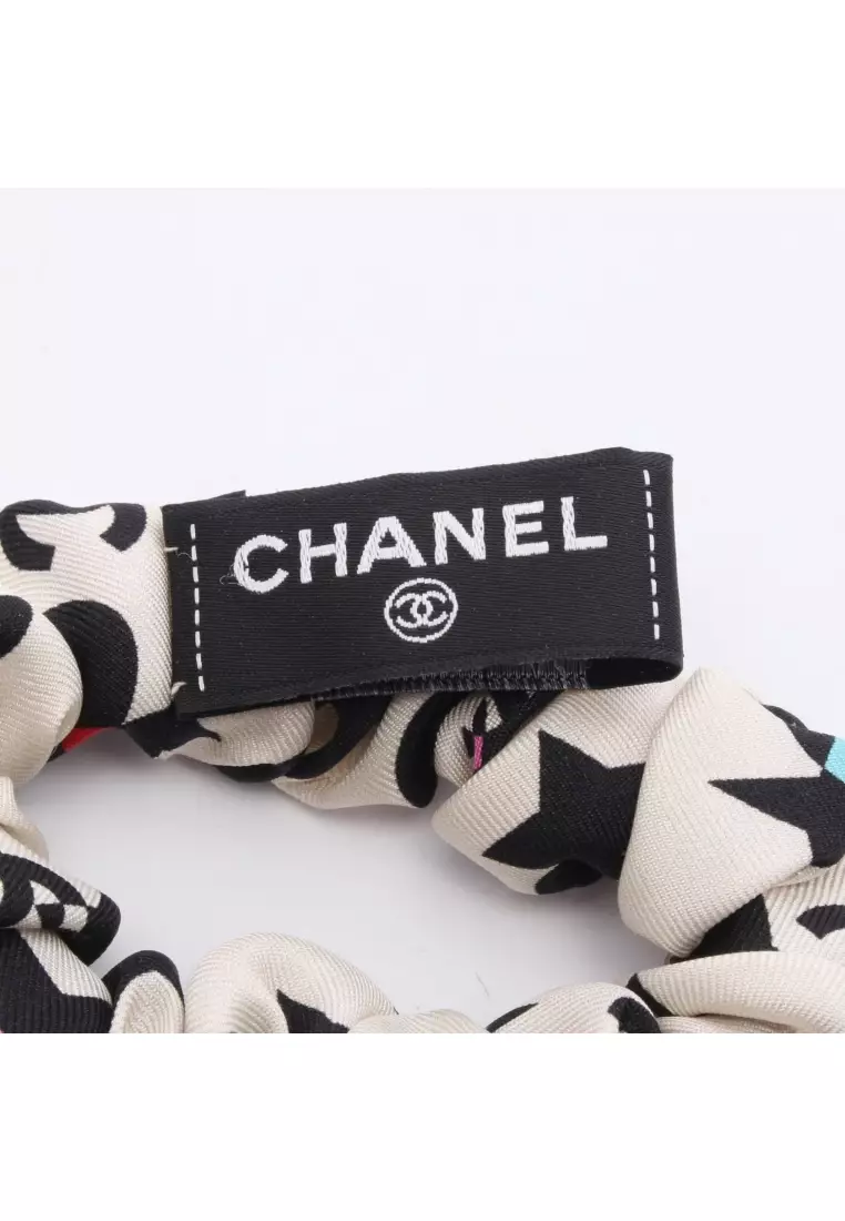 Pre-Loved Chanel scrunchie hair accessory silk ivory black multicolor