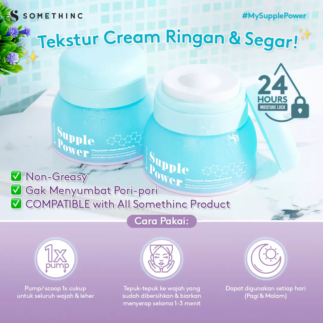 SOMETHINC 50 ML Supple Power Hyaluronic9+Onsen Moisture Bomb Gel - Krim Pagi dan Malam (Kulit Sensitif)