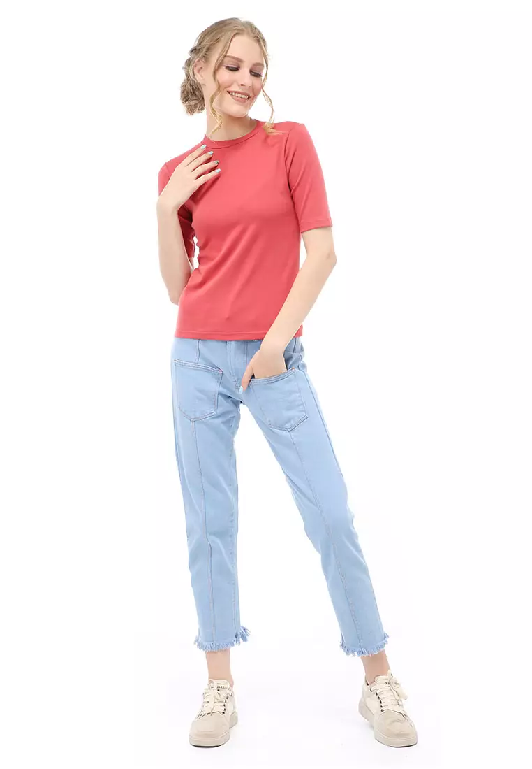 Genevie Kaos Kasual Wanita Round Neck Lengan 3/4 Material Cotton ORIGINAL - Pink Orange