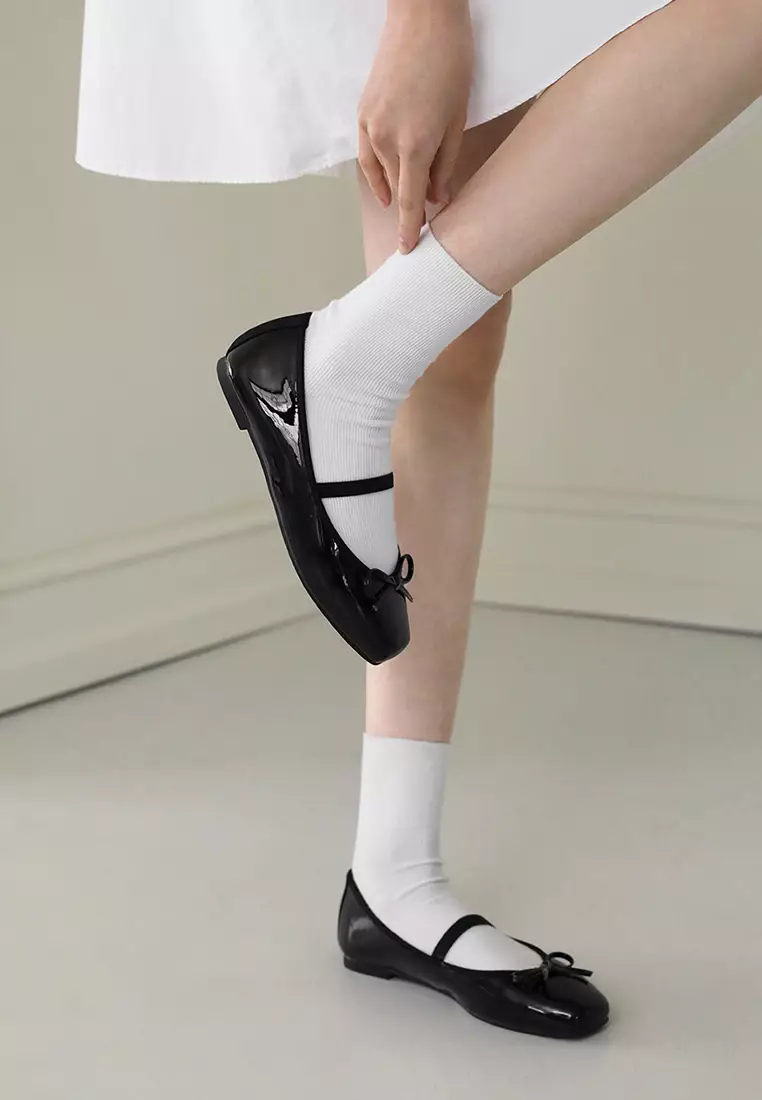 Erino Enamel Ribbon Maryjane Flats (1cm) - Black