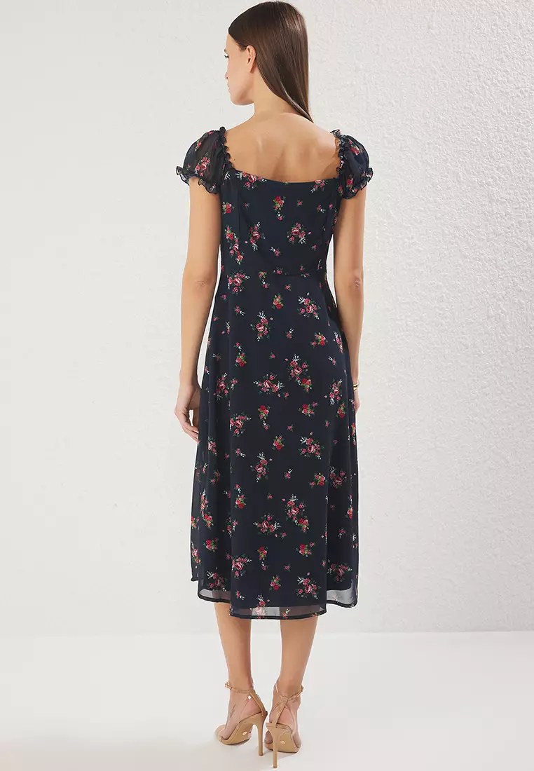 Navy Blue Floral Midi Lined Chiffon Woven Shirt Dress TWOSS25EL00563