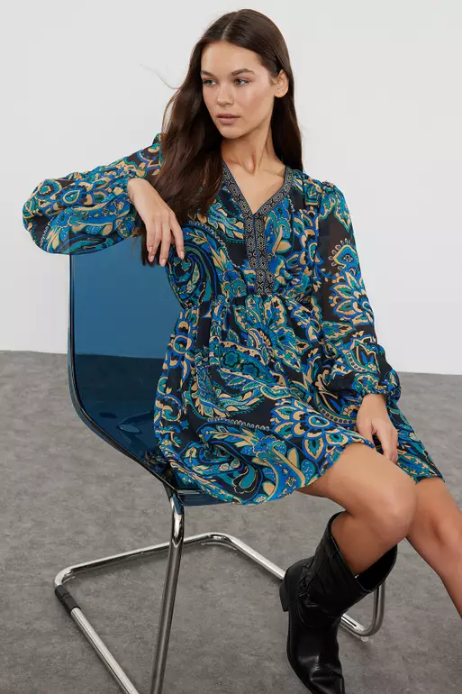 Green Floral Patterned Waist Opening Gipel Lined Mini Woven Dress TWOAW25EL00182