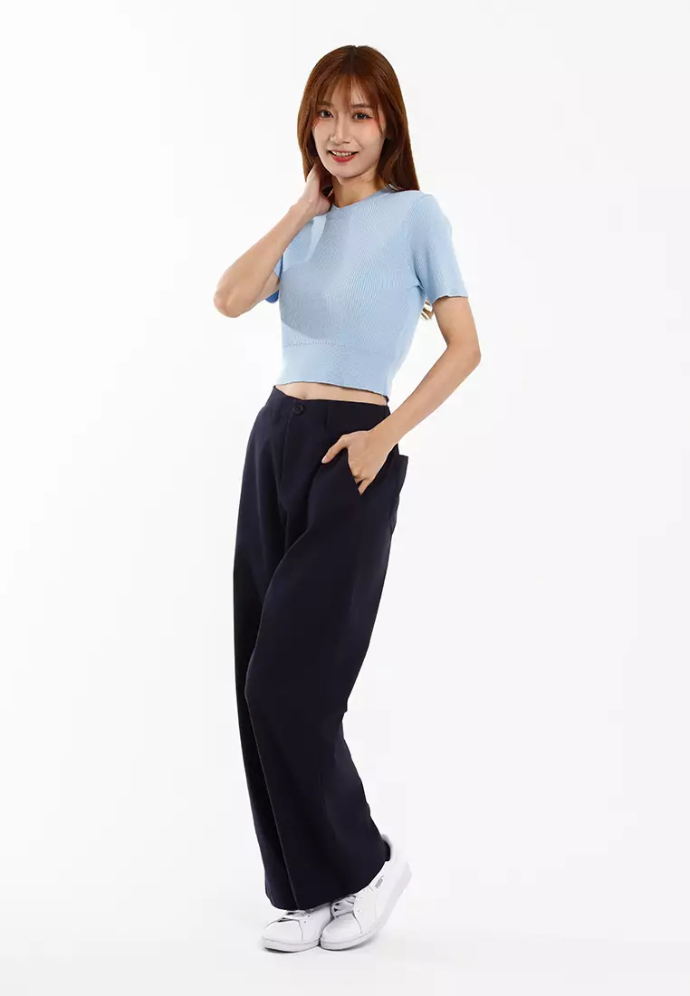 Forest Ladies Cotton Linen Blend Elastic Waisted Wide Leg Pants Women Long Pants - 810547-30DkBlue