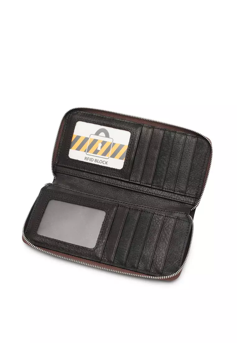 Men's Genuine Leather RFID Zipper Long Wallet - Brown