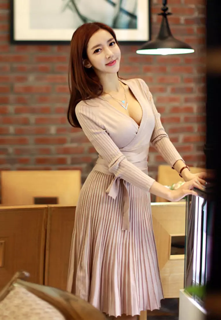 F/W  Stripe Long Sleeves Wrap Dress A083107-0BE