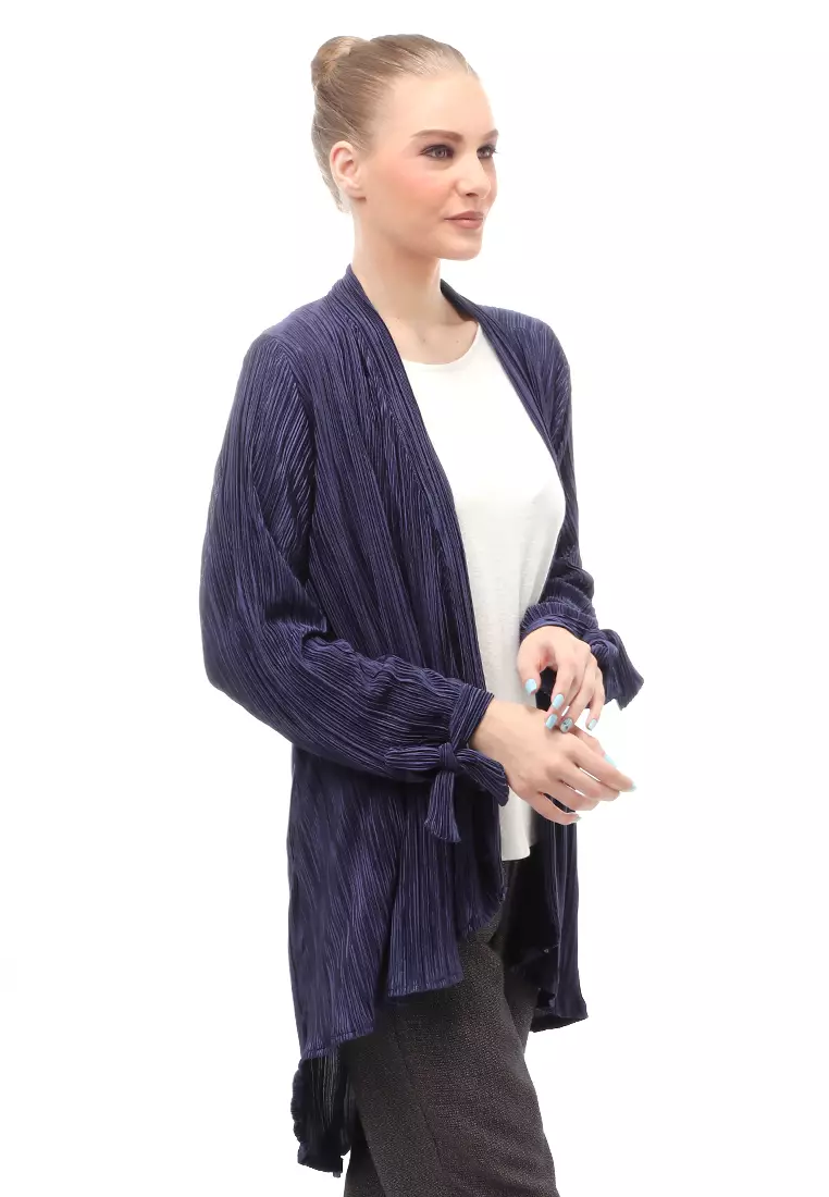 Sunniva Outerwear Wanita Long Sleeves Motif Plisket Model Asimetris Relaxed Fit - Navy