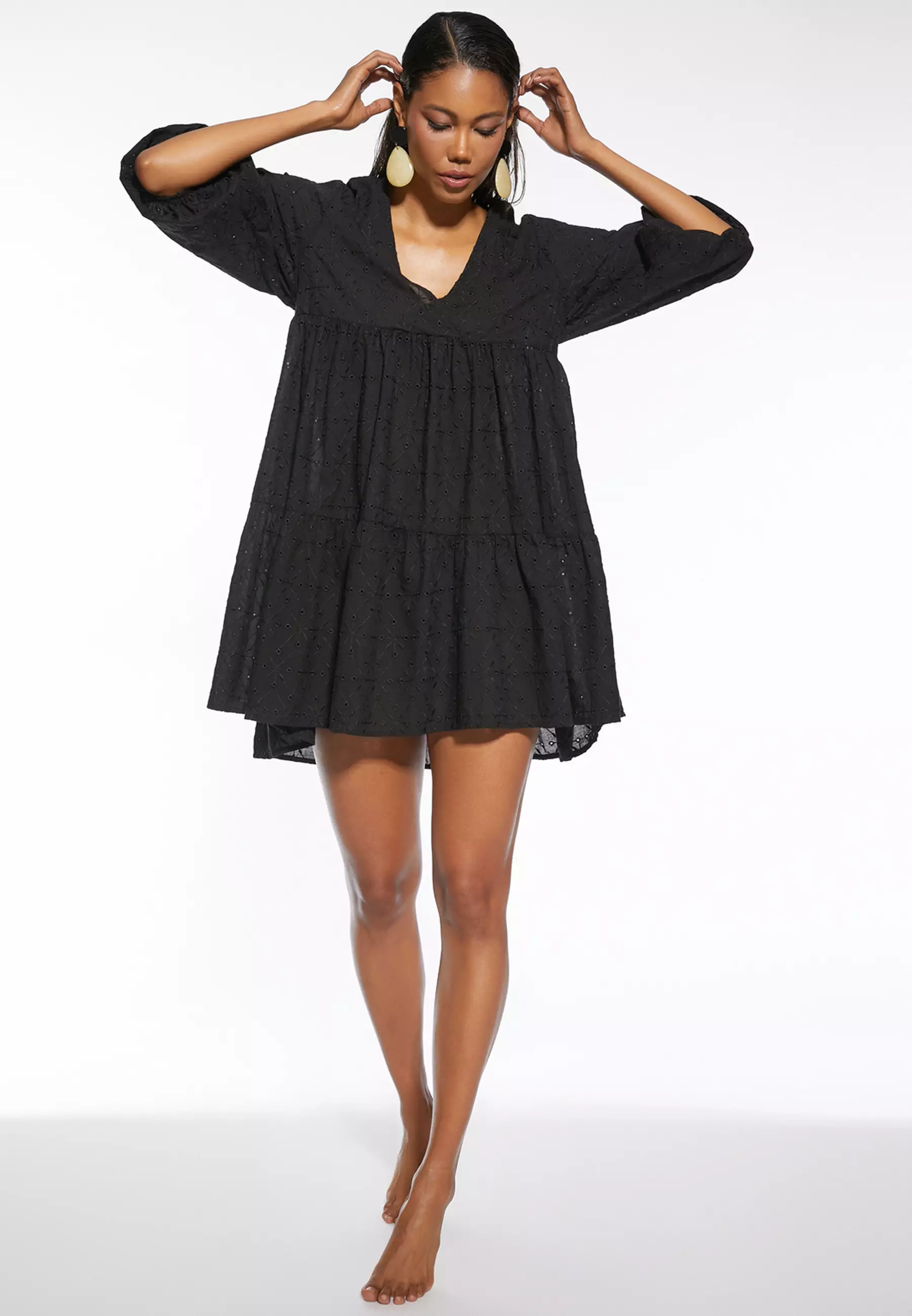 Embroidered Balloon Sleeves V-Neck Mini Beach Dress