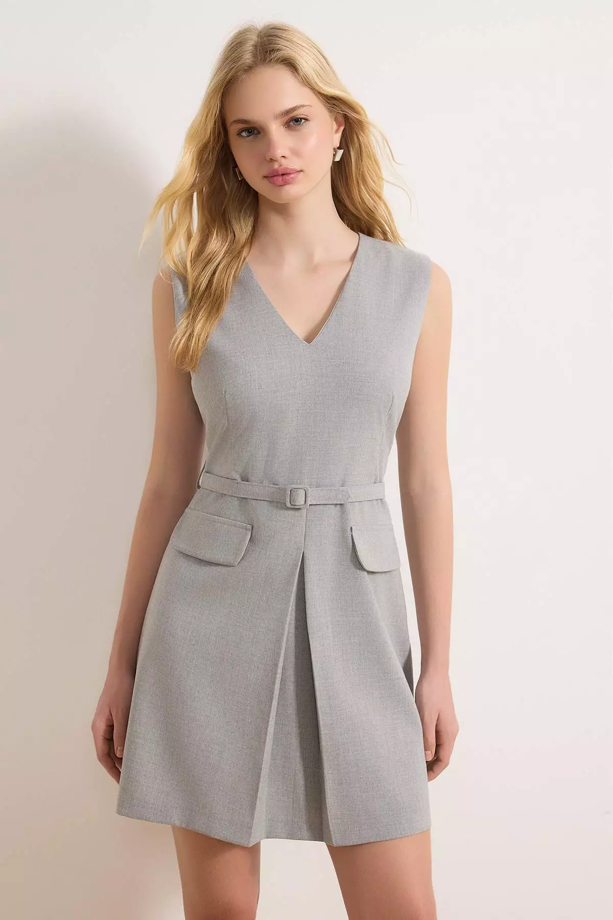 Gray Belted Short / Mini Woven Dress Twoss26El124
