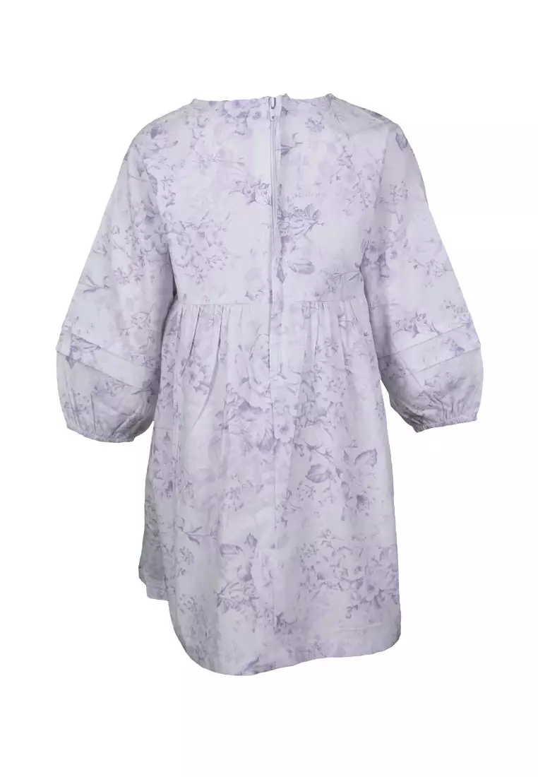 Qna Girl Sunshinered Midi Dress Anak Ungu Muda Motif Bunga