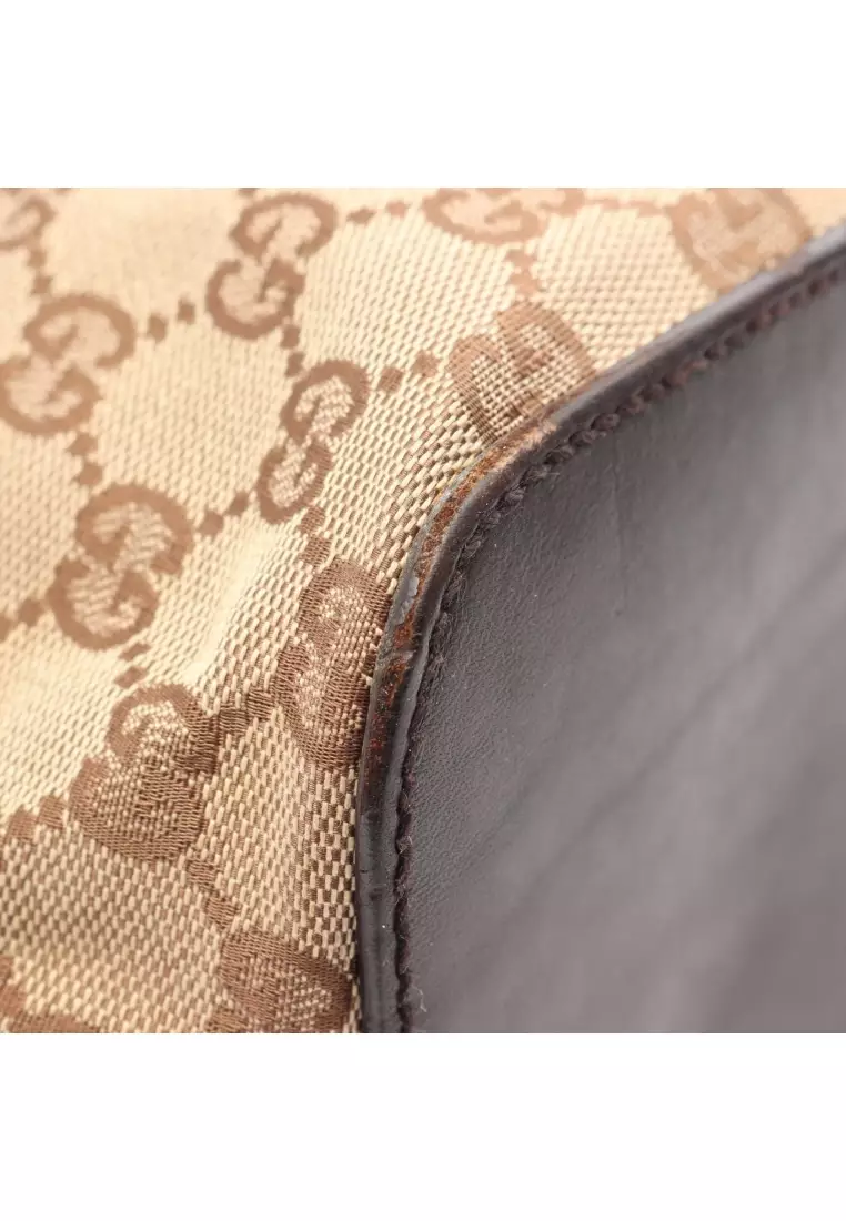Pre-Loved Gucci GG canvas Shoulder bag tote bag canvas leather beige Dark brown