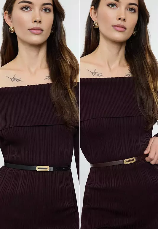 Black-Burgundy Buckled 2-Pack Leather Look Belt