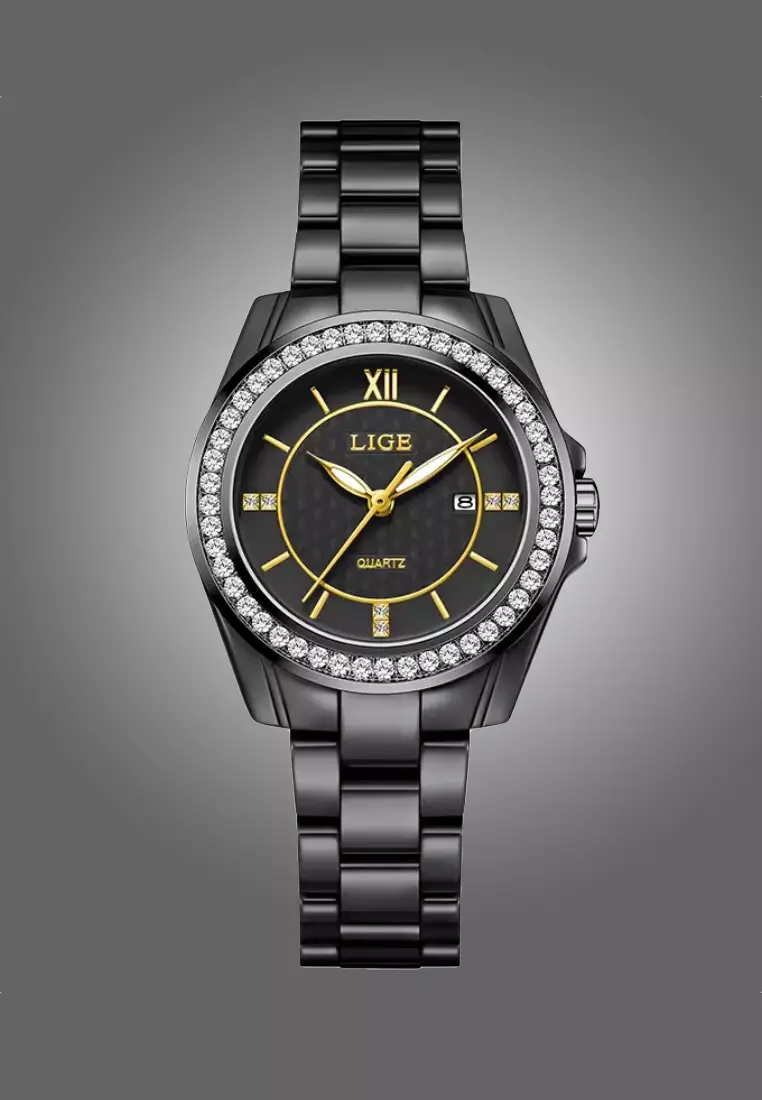 Ladies Alloy Quartz Watch, 32mm , Paved with Crystals, Ceramic Bracelet