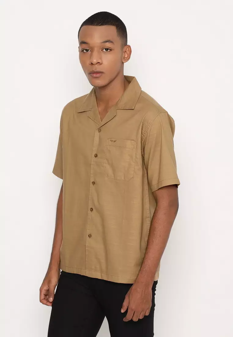 RBJ Kemeja Polos Cotton Slub Krah Hawaii Khaky Tua Regular Fit Pria