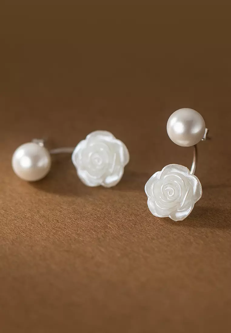 925 Silver Rose Faux Pearl Earrings JW AR-M02415