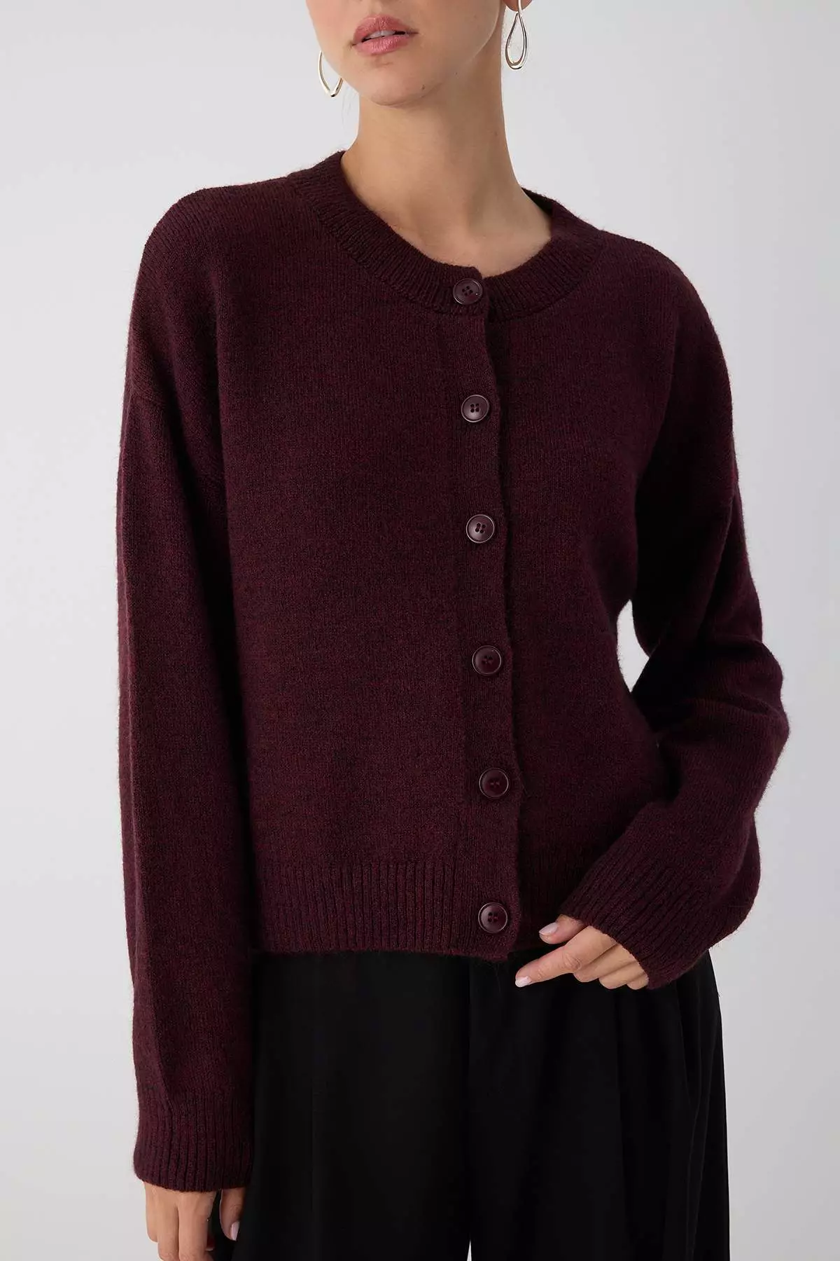 Burgundy Alpaca Wool Blended Wide Fit Knitwear Cardigan
