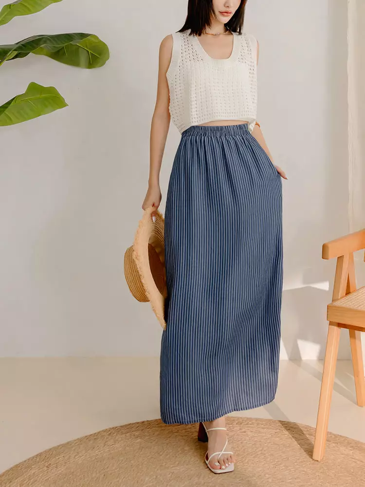 Cool Lightweight Denim Striped Side-Slit Long Skirt [CA2943]
