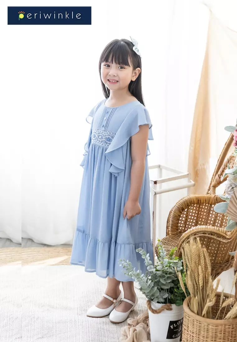 Juliette Girls Blue Tunic Dress with Smocking and Embroidery Details