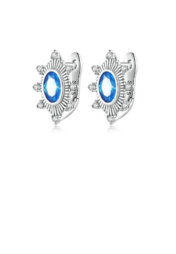 Glamorousky white 925 Sterling Silver Fashion Vintage Pattern Geometric Oval Stud Earrings with Blue Cubic Zirconia 83524AC5342D68GS_1