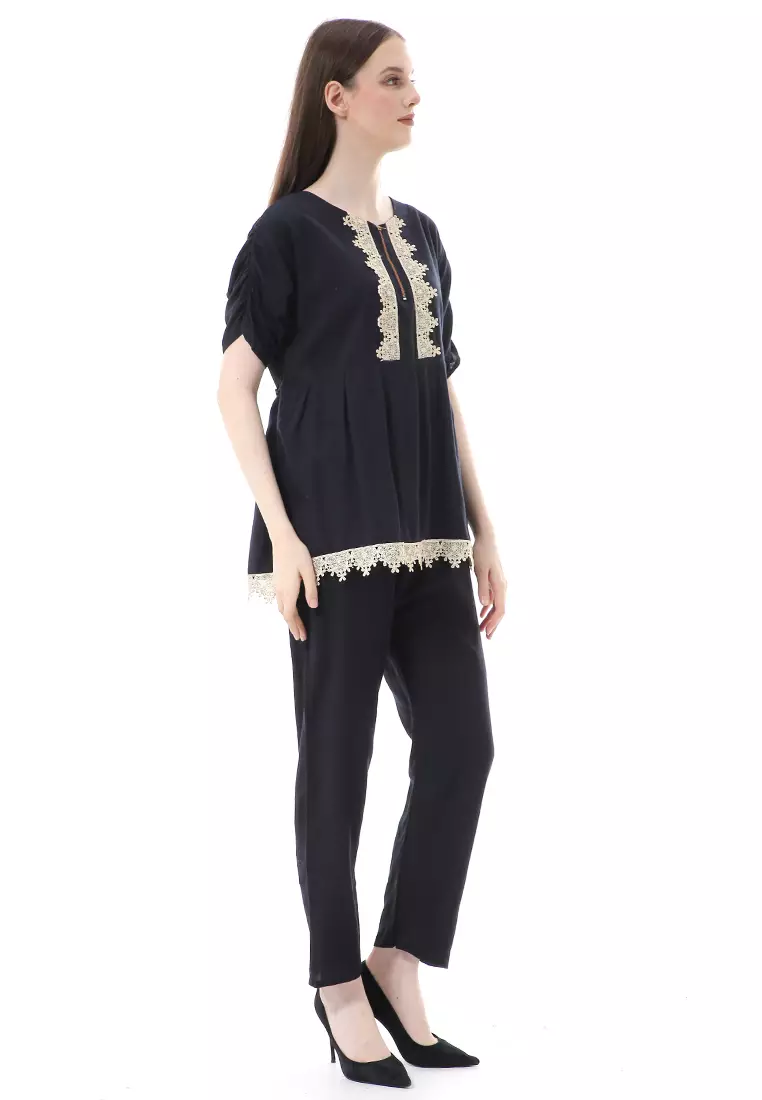 Zemira Piyama One Set Atasan Bawahan Wanita High Quality - Hitam