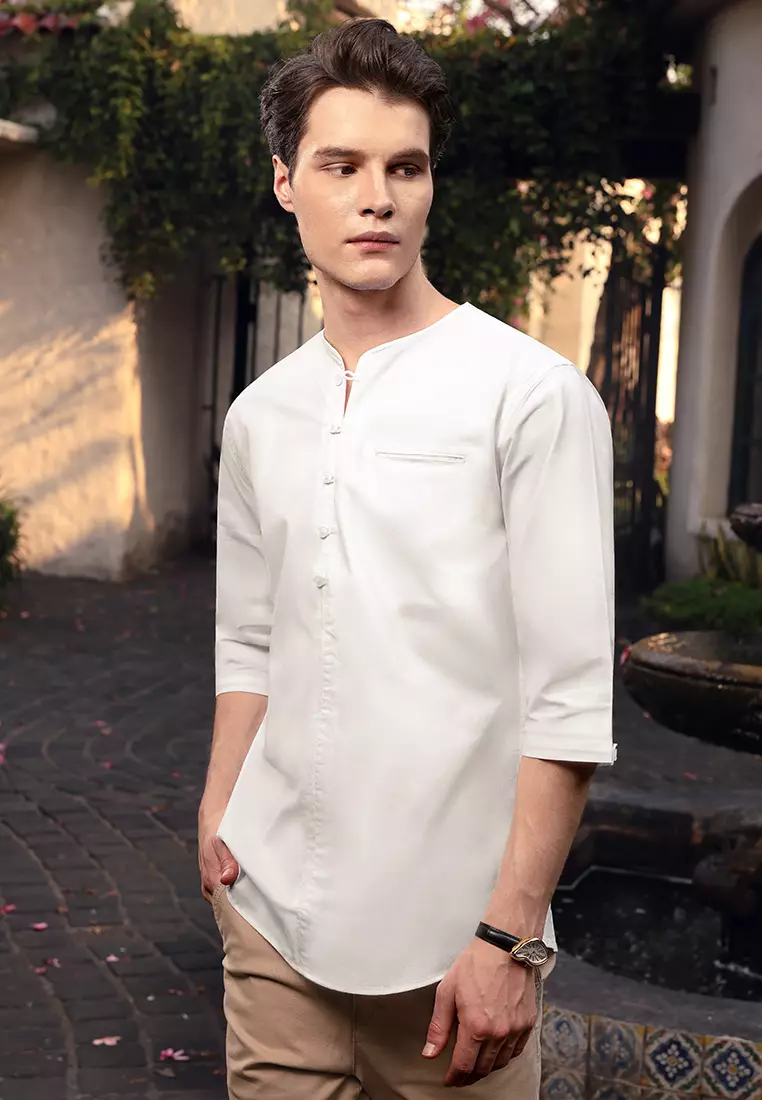 OXCON kemeja Vneck Henley Collarless shirt White