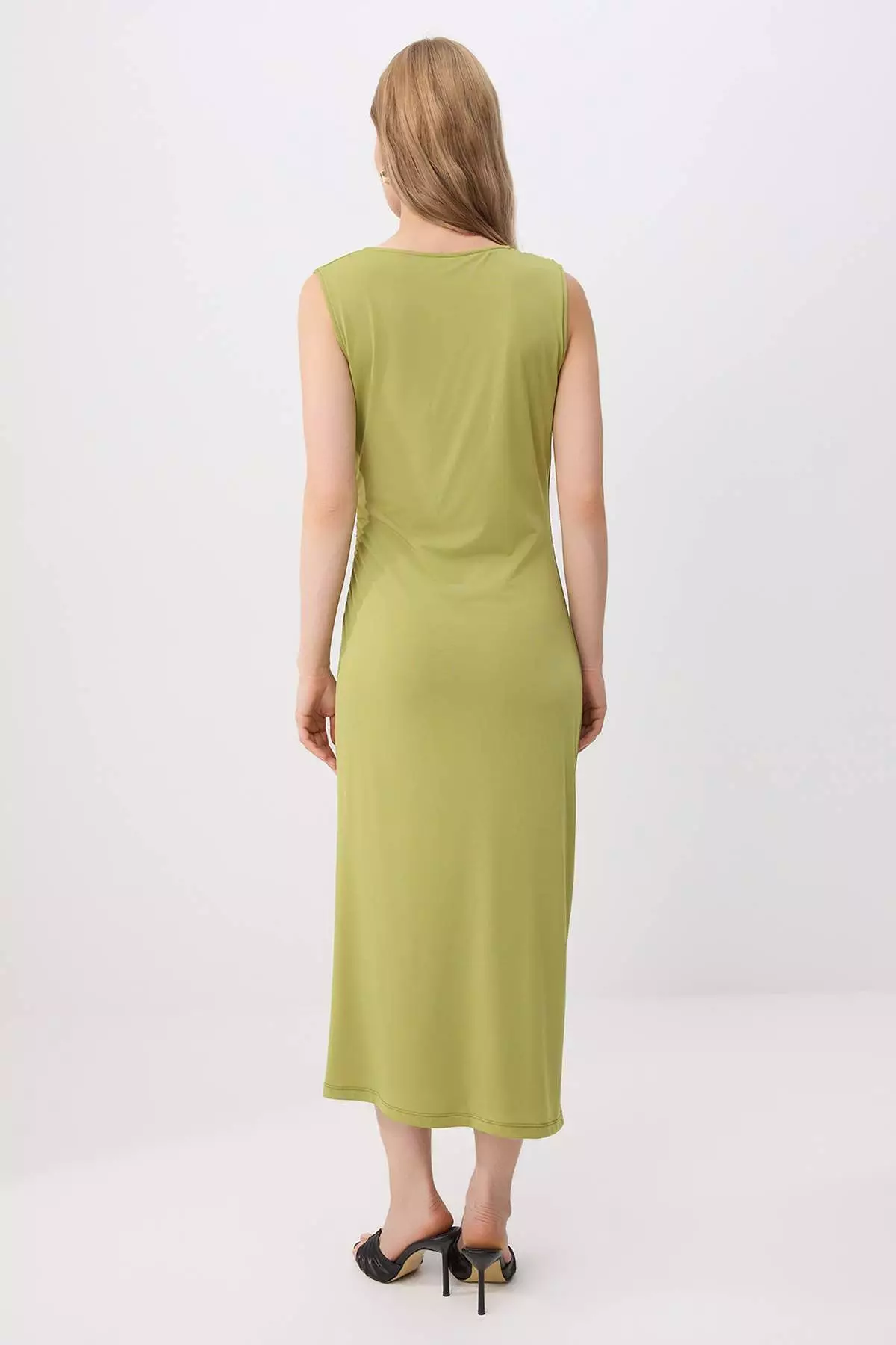 Oil Green Bodycon Asymmetrical Collar Sleeveless Shirred Maxi Stretchy Knitted Dress Twoss26El01062