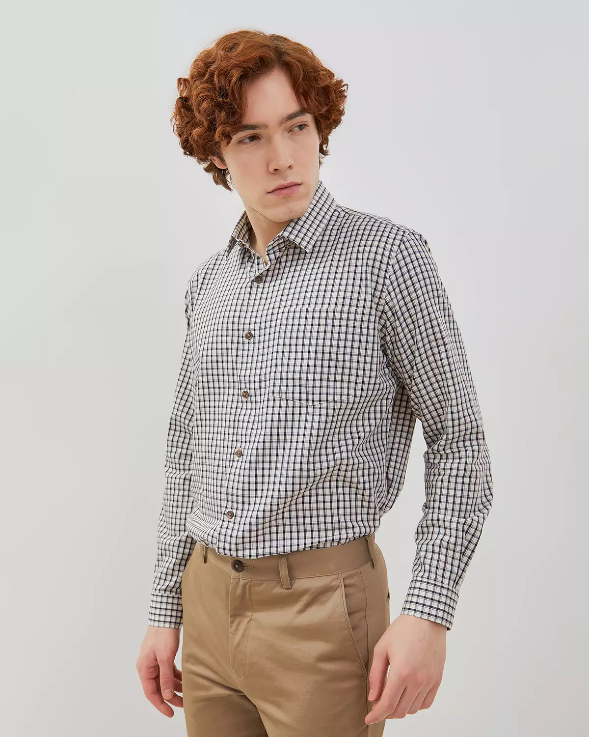 MEN'S CREAM PLAID LONG SLEEVE SHIRT